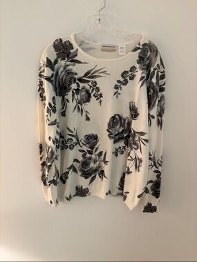 Alfred Dunner Cream Floral Crewneck Sweater with Black Roses